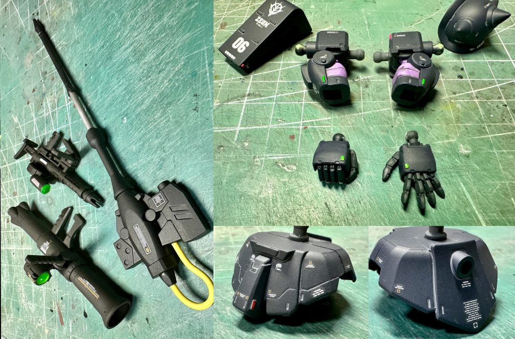 　小物類、腕、腰部。　武装はスコープをクリア部品に変更、デカール貼り付け。画像にはまだ刃の部分がありませんが、オルテガ機の大型ヒートホークを流用、キャライメージに合わせて鎌にしました。　腕部は若干ディテールを加え、ハンド部分はＭＳハンドに換装。本当は丸指が使いたかったのですが、売ってないため仕方なくストックしてある角指を使いました。接続部のボールジョイントが4mmなので1/100サイズのものに変更。　腰部もディテールとスジボリを加えデカール貼り付け。　今回のデカールはガンダムデカール数種、HQパーツ、チョップデカールをミックスして使用しています。　今作はネタ制作ということで宇宙世紀の正史の機体ではないので、ヒール部分のバックライトや全身にあるグリーンやピンクのセンサー・コーションランプなどのチップディテールが入ってます。一年戦争時のジオン機には、まだそこまでセンサー技術や運用に関してのノウハウがなかったためこういったディテールは入れないというマイルールがあるのですが、コレは見栄え重視で。