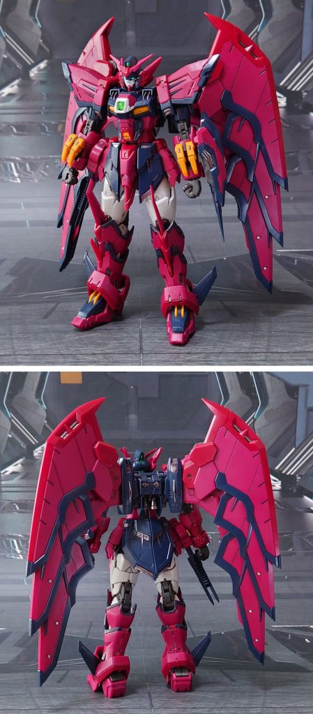ガンダムエピオンの前後ろ。ビームソードエフェクトは蛍光カラー塗装、右腕・左腰の使用しない取り付け穴を市販パーツで塞いでおきました。バックパックのスラスターはポロポロ外れるので、撮影後にいい角度で接着固定。他、翼にエッチングパーツを貼り付けて軽いディティールアップ。