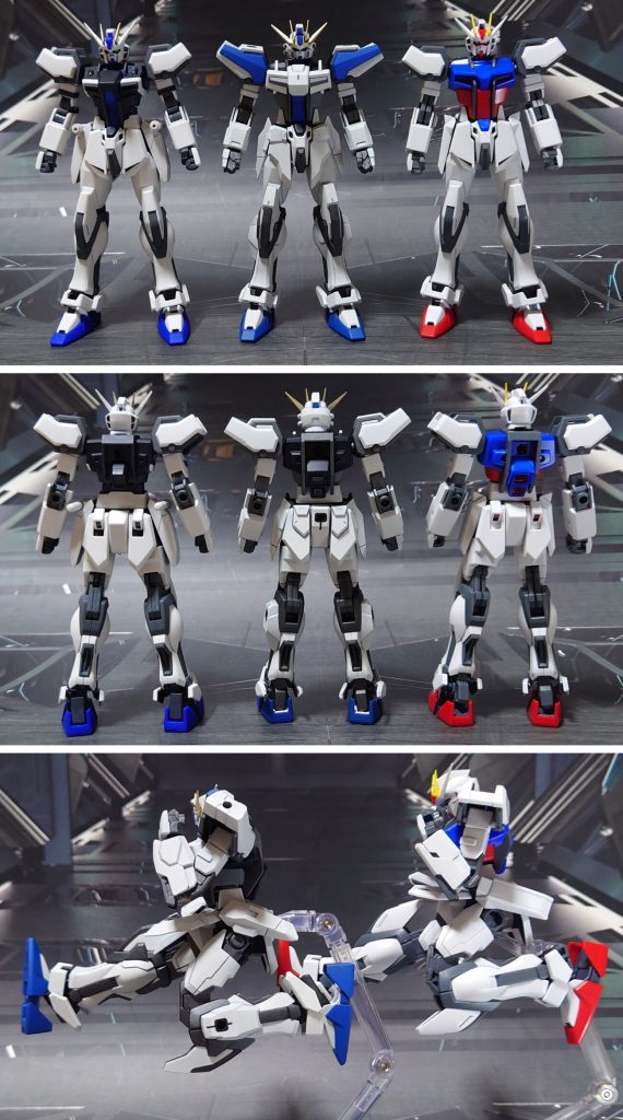 原型機となるEGストライクガンダム、自分専用機モチーフとした拙作のHGストライクガンダムkとの比較と、肉抜き穴埋めした箇所の比較。肘関節側面、股関節外側、膝関節、足首関節、足の裏に肉抜き穴埋めを施しました。■塗装レシピ白∶黒サフ→シルバーリーフ→グランプリホワイト→つや消し手首白：黒サフ→グランプリホワイト→つや消し濃青：グレーサフ→ダークブルー→つや消し青：黒サフ→キャラクターブルー→つや消し金：黒サフ→ブラック→メタルゴールド→つや消しグレー：黒サフ→ニュートラルグレー→つや消し関節類グレー：黒サフ→ブライトガンメタル→つや消し武器類グレー∶黒サフ→MSグレー連邦系→つや消しジョイント類各種：黒サフビームサーベルグリップ：つや消しビームサーベル刃：根元にベースホワイト→先端側にメタリックレッド→全体に蛍光ピンクビームブレード刃：根元にベースホワイト→先端側にメタリックレッド→全体に蛍光レッドツインアイ：ツインアイ周りの部分にガンダムマーカーブラック→ツインアイ部分にガンダムマーカーメッキシルバー→ツインアイ部分にガンダムマーカーサイコフレームホログリーン頭部センサー：市販のシール素材を使用その他墨入れ・部分塗装：ガンダムマーカー各種