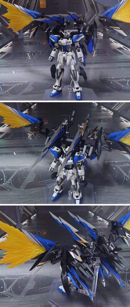 マグナストライカー・バーストモード。背面のスタビライザーを、基部で回転(差し替え)して展開、ビームキャノンに変形。横のウィングも展開、エフェクトを取り付けて光の翼的なものに。