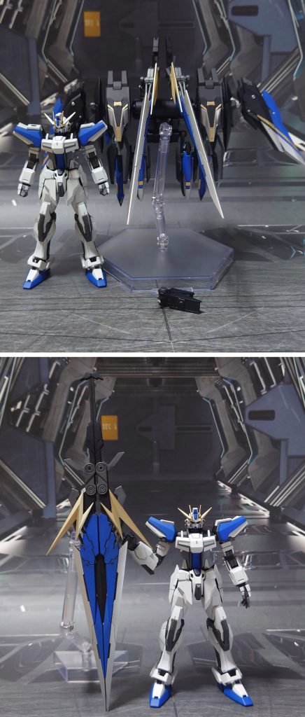 マグナストライカーと、バスターソードの大きさ比較。ストライカー側の3mm穴は、使わない時はラジエータパーツを取り付けて塞ぐようにしています。■塗装レシピ・マグナストライカー濃青:黒サフ→ダークブルー→つや消し青:黒サフ→キャラクターブルー→つや消し金:黒サフ→ブラック→メタルゴールド→つや消し銀:黒サフ→ダークブルー→メタルシルバー→つや消しグレー:黒サフ→ブライトガンメタル→つや消しジョイント類各種:黒サフその他墨入れ・部分塗装:ガンダムマーカー各種