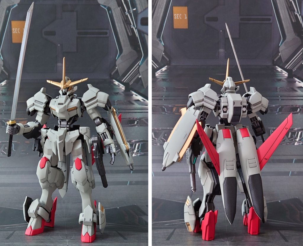 ガンダム端白星(刀装備)の前後ろ。基本工作としてゲート痕処理、合わせ目消し、肉抜き穴埋め、市販のプラ・金属パーツ貼り付け/埋め込みでディティールアップ工作を実施。手首は30MMオプションセットに置き換え、武器持ち手・平手・握り手を用意。上半身を腰との接続部で2mm延長し、スタイルを調整、腰サイドアーマーにHGIBOアスタロトリナシメントのものを取り付け。武器にはキット付属の物に加え、境界戦機武器セットの刀とラックを追加しました。