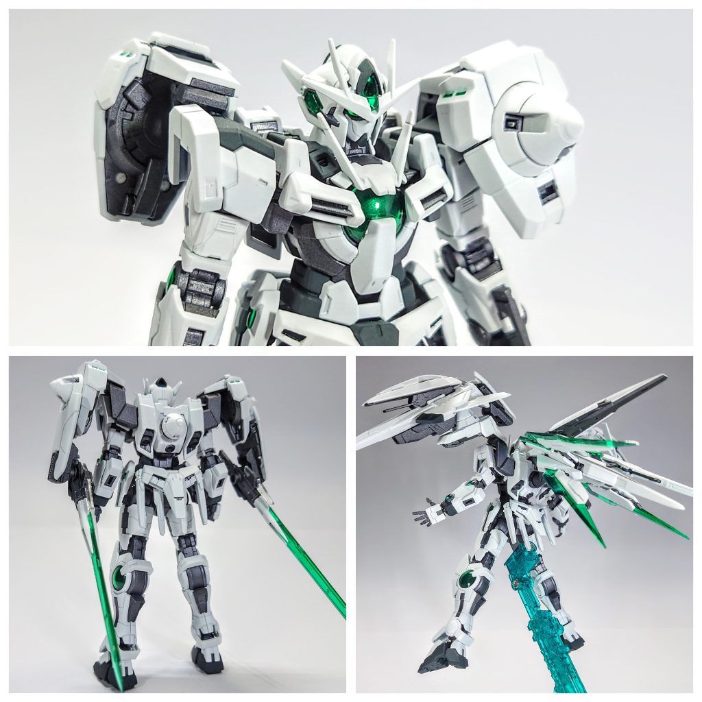 RGは両肩のスラスターが真後ろに向かないのですが、アーム天板部分を切り詰めて調整し、ダブルオー最初の出撃シーンを再現可能にしています。もちろん前面に向けることも。背後バインダーはネオジム磁石とてこの原理で接続しています。オミット状態にしたり、GNドライヴの直列接続も再現可能です。