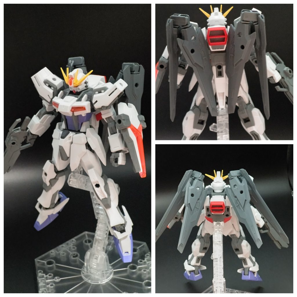 本体に関しては クリアパーツはあんまり好みじゃ無かったので 何かしら装甲等を被せるつもりです····とりあえず保留。元々の配色的に フリーダムを意識したと思われる意匠を感じたので 安直ではありますが ウィングバインダー系にしてみました。割りと狙い通りに 簡単な工夫で 複数の形態を差し替えなしで展開できます。まずはノーマルのバインダー否展開の状態。