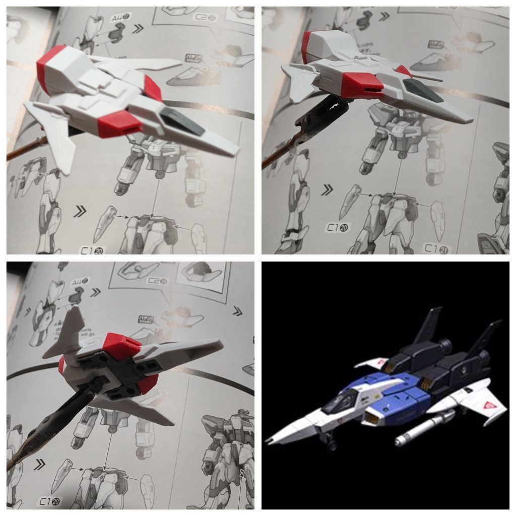 因みに、ブースターを作ってる時に 前進翼にした方が好みかな？と思い、主翼を逆向きにしてみたら········あら♪不思議！コア・ファイター2 そっくりにw垂直尾翼と、主翼の下に サーベルグリップでも付けたら ほんとそっくりになるのでは？それでは 完成までお待ちください！最後まで御覧いただき ありがとうごさいました♪(^_^;)