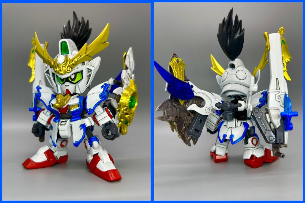 劉雲セカンドV・武将の姿(鎧を装着)[青龍剣]を託された劉雲は、蚩尤を封印するという使命を背負う事となる。皆を守るため戦う事を決意した彼は、自ら装備を整え故郷を後にした。[水龍の鎧]劉雲が自ら拵えた鎧。丈夫だがとても軽く動きやすい作りになっている。武器類を懸架しているアームは劉雲の発明品で、彼曰く自分から出ている不思議なエネルギー(=闘気)によって操作しているらしい。・モチーフについて劉雲のモチーフをセカンドVにしたのは、単純にデザインが好きなのが一つ。V2よりもVの方が好きなんですが、セカンドVは強化改修した Vって感じがたまらんのです。あと一つは、四神伝の演者に「比較的マイナーな機体を選ぶ」という謎の縛りを設けた結果、セカンドVに辿り着いたからですね。セカンドVはWHでも海賊として出たので、もうマイナーとは言えない気もしますが…。