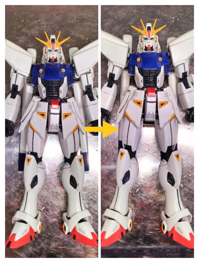 ゴリラ→人への進化は肩と上腕のフレームを1ミリ削って、太モモのフレームを4.8ミリ延長してますお手軽ですね！お手々はMSハンドの連邦Lサイズ使ってます。加工しないとビームライフルは持てません〜