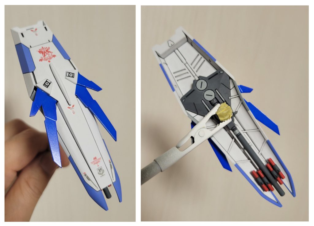 シールドは、アームドアーマーDEに合わせて青いサイコフレームをプラ板で自作。アームドアーマーDEとサイコフレームの色味がちょっと違うのはご愛嬌ってことでw
