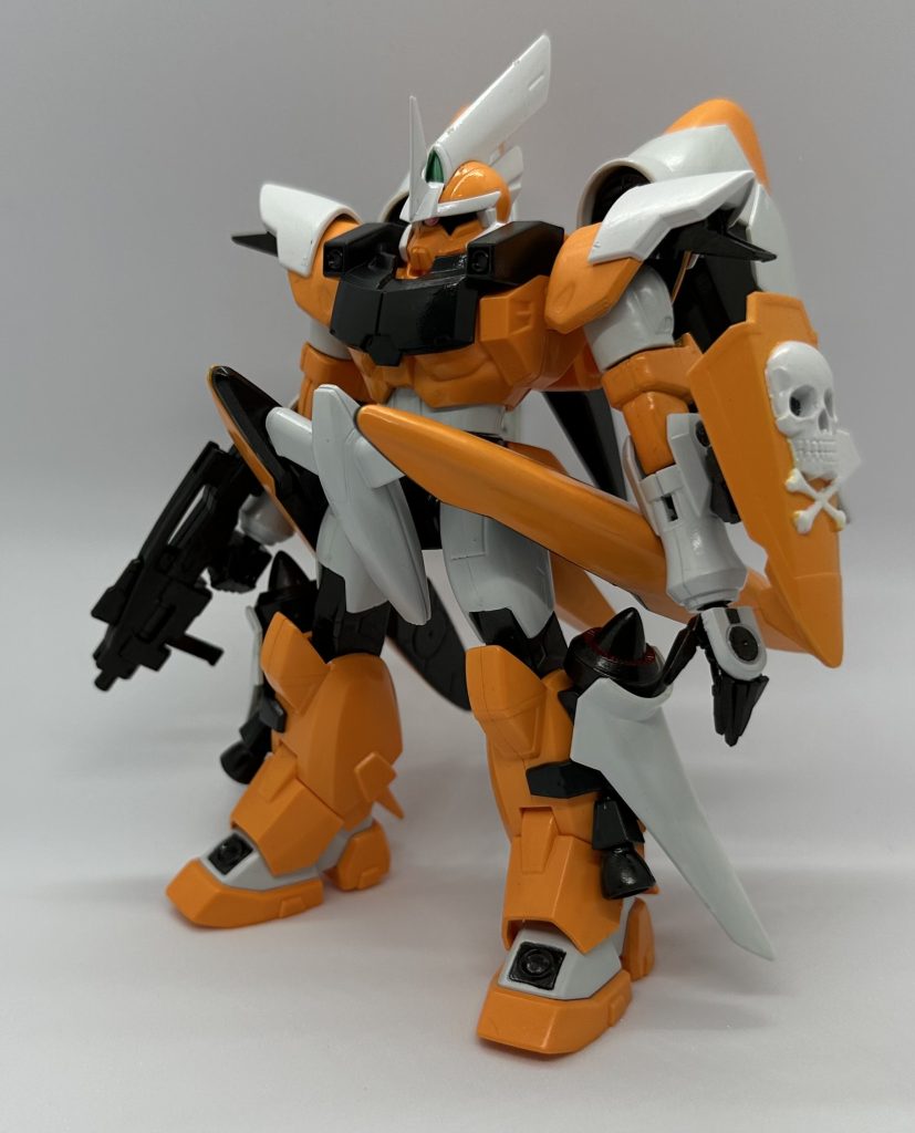 基本はミゲルカラーのジンをベースに各部にGN-Xのパーツを混ぜてます(塗料はハイネ用ですが…)ついでにスカルウェポンを使ってPS2専用ゲーム「終わらない明日へ」のムービーで持ってたシールドも再現