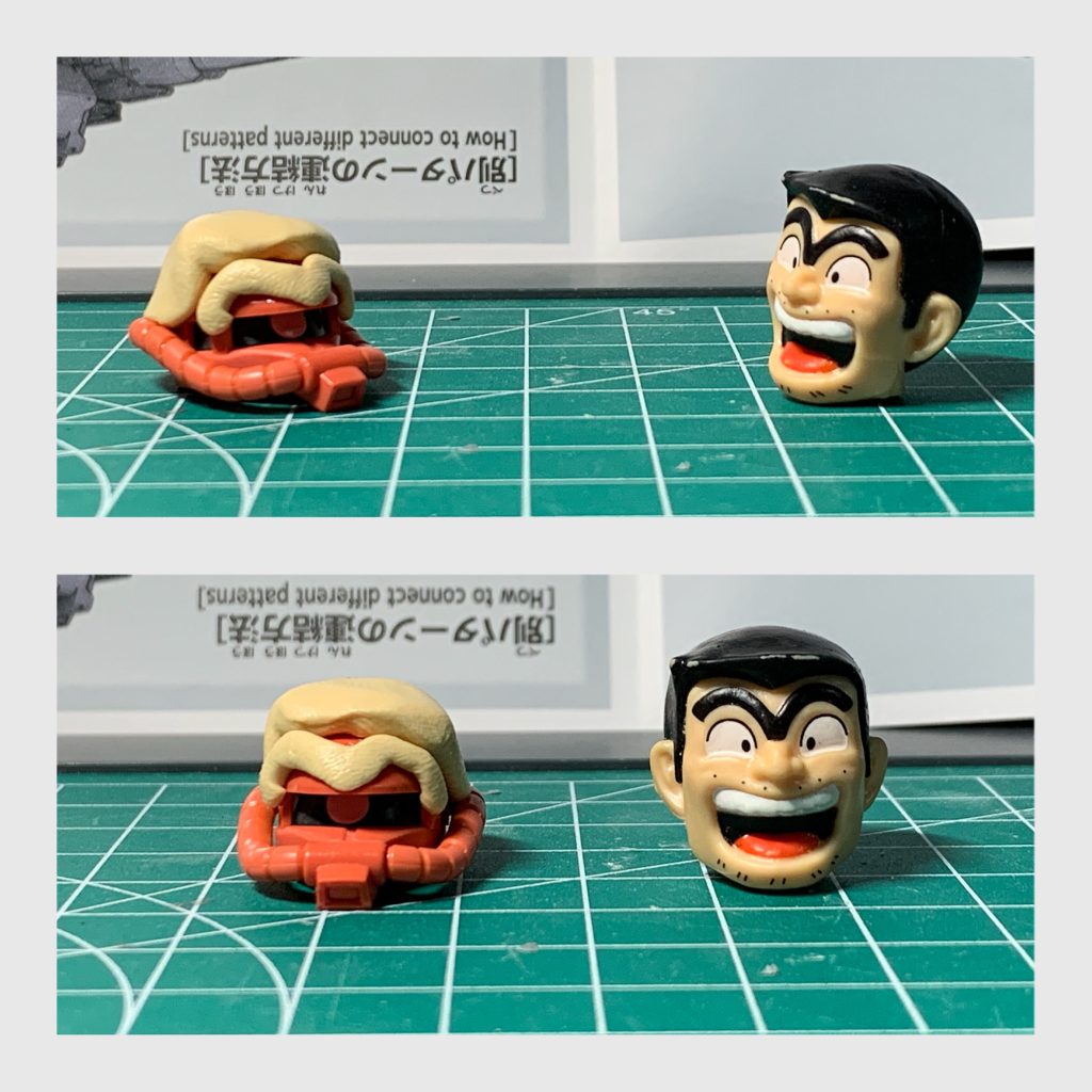 ザクヘッドにエポパテで角刈りと眉毛を作成しましたが…あまり良い出来とは言えないので両津勘吉フェイスを重点的に使用しています。(このあともう1回作り直してます。)   ↓ 以下茶番 ↓