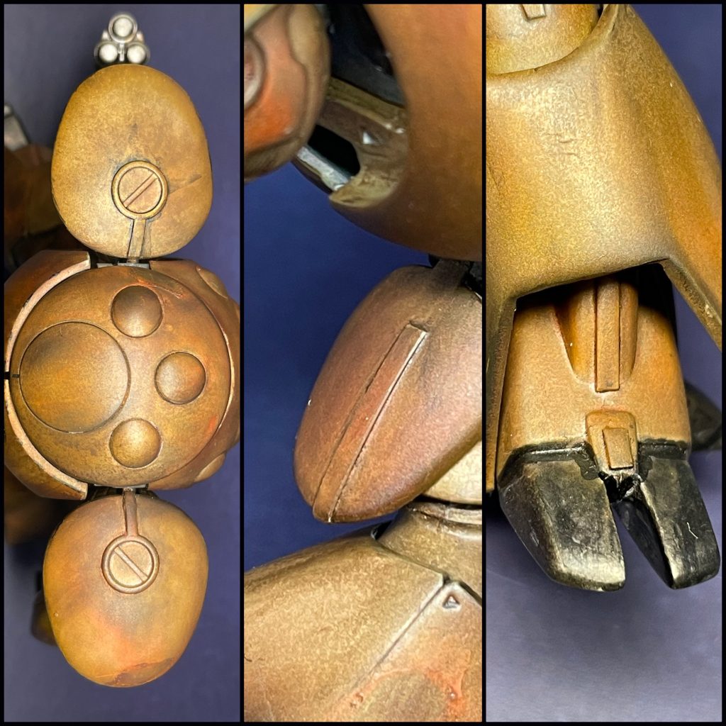 プラ板でディティールアップ。これも初挑戦。消せなかった合わせ目も隠せて個人的には良い感じ。モビルカプルの頭を上から見ると肉球みたいだな。