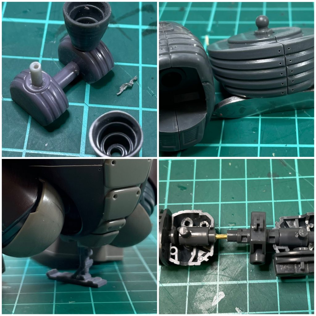 HGUC アッガイ 制作内容◎全身・プロポーションの見直し・必要箇所を 合わせ目処理。・適材適所、筋彫りやプラ材、エッチングパーツ等でディテールアップ・腕と頭の銃口は 金属色で塗装。◎頭部・モノアイの スムーズな可動とクリアランスを考慮し、モノアイレールは 成形色で制作。◎脚部・体育座りができるように、股関節軸を延長。▷可動の妨げにならないよう、内部を加工済み。・キットの足裏のディテールは 良好な為、彫り直し後、塗り分け。▷スクリューの羽 一枚一枚処理してあります。◎他・体育座り時の支柱を制作。▷キットの台座用の穴に 差し替えで取り付けできます。・バーニアは ディテールの良い物に変更。▷内側のディテールも プラ材から制作。