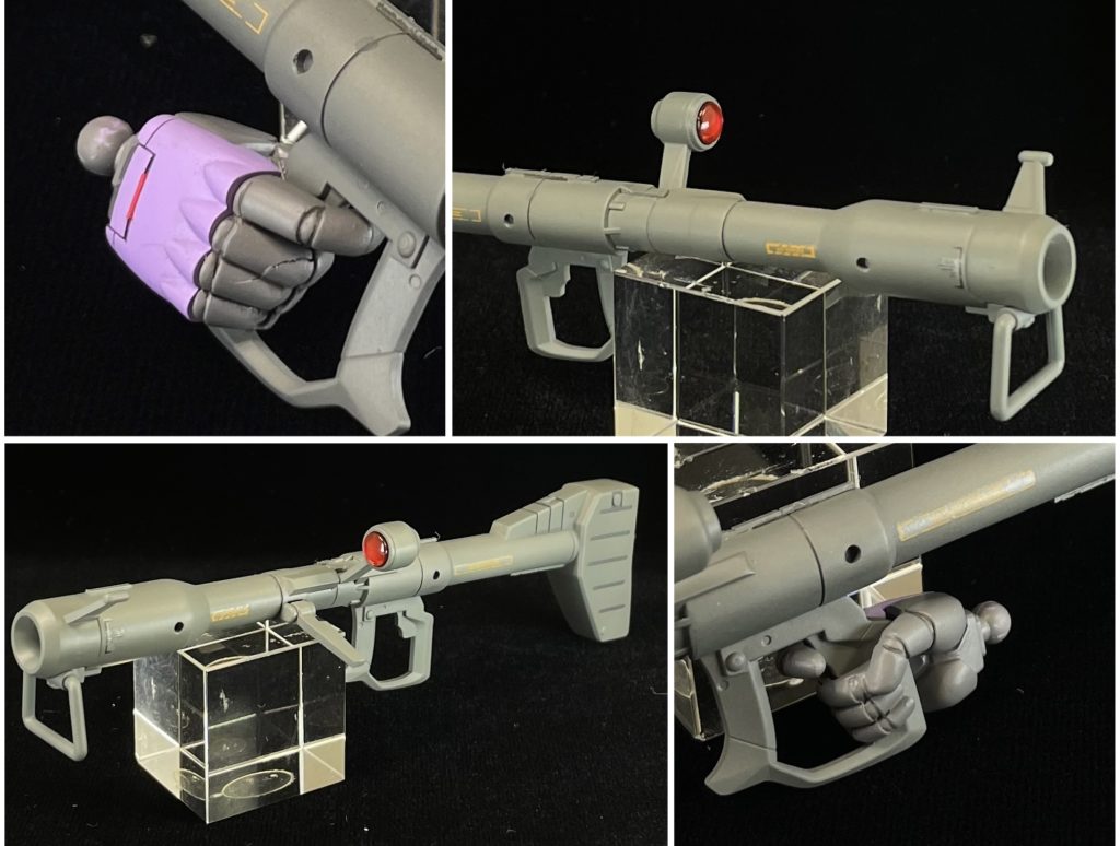 HGUC リックドム 制作内容◎全身・プロポーションの見直し・必要箇所を 合わせ目処理。・適材適所、筋彫りやプラ材、エッチングパーツ等でディテールアップ◎頭部・アゴを引けるように 首の接続部を可動化。▷上記により 頭部を後方へオフセット▷アゴ下の外装は 下部を削り込んでいます。・モノアイは市販品に変更・モノアイガードと頭部とのラインを削りこんで修正◎胴体・頭部横にある 鎖骨ガードは プラ材でボリューム増。・肩位置を上げるため、腕との接続軸を上方へオフセット・拡散粒子砲は 市販クリアパーツに変換し 二重構造に。◎腰部・腰の上下で 延長加工/2mm・股間下、スタンドとの接続ポリの隠しパーツを自作◎腕部・肩アーマーは 内側で幅増し、ボリュームアップと 肩の隙間の緩和を行っています。・上腕で 延長加工/1mm・下腕 外装の外側手首付近を延長/1mm・握り手は 市販品とキットの甲から制作。・ハンドパーツの指は 近年のMGに準拠し 塗装。◎脚部・太ももの合わせ目処理。・股関節との接続部は 近年のMGに準拠し フレーム解釈。・太ももで延長加工/2mm・足首で延長加工/2mm・体重のかかる足首は プラ材での補強版を制作し 補強。◎他・背中のバーニアは 他キットの物に変更し 大型化&ディテールアップ・各バーニアは シャープに加工・各バーニアに インナーパーツを作成・ジャイアントバズの合わせ目処理。・ビームバズーカの合わせ目処理。