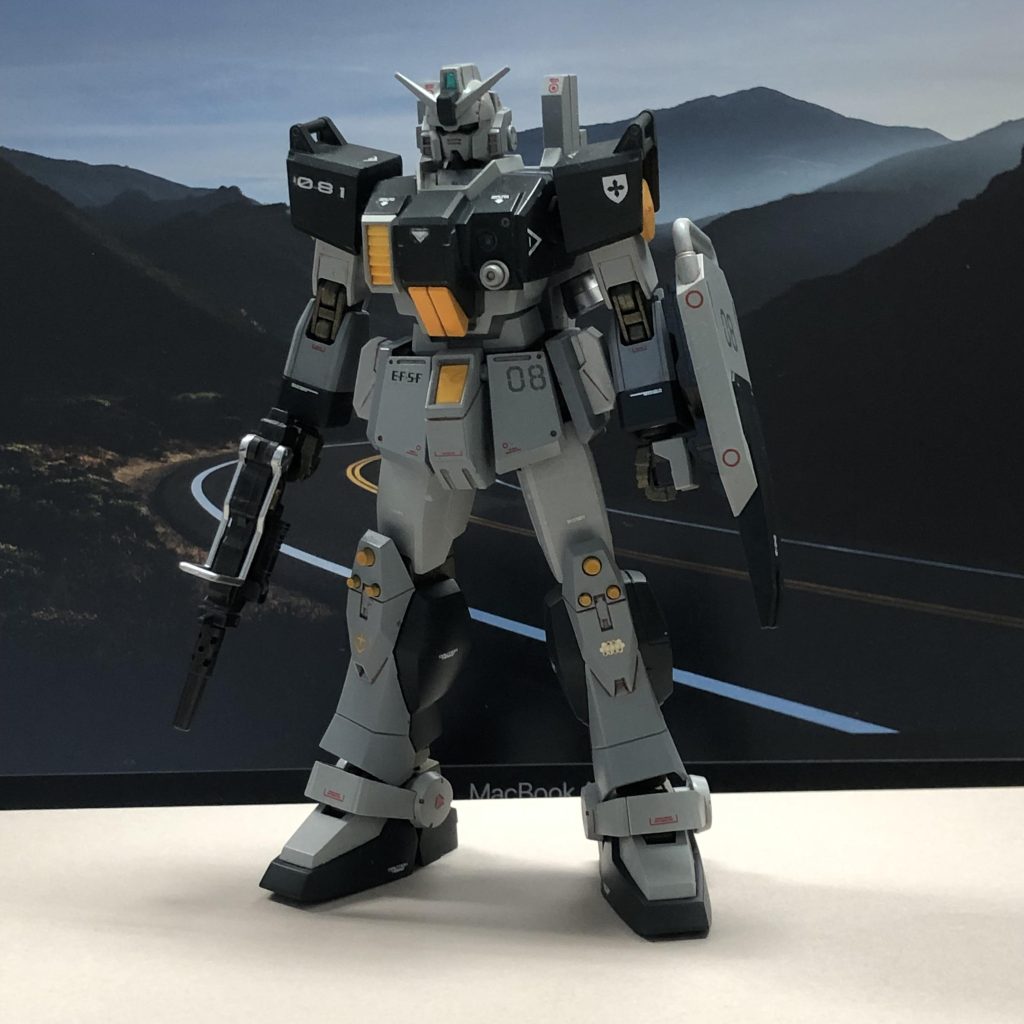 今後、HGフルアーマーガンダムとかストームブリンガーFAを塗装する予定なのですが、ミリタリー風は経験値0なので練習台になってもらいました。ネイビーブルーとエアクラフトグレーの組み合わせです。アクセントがオレンジイエロー。関節色がアクリジョンのアンティークゴールドです。実はこっちを先に塗装していたのですが、完成前にラーガンダムを割り込ませました。(あっちは旬なので勢いが大事)眼がクリアパーツなのでなんとか活かしたいのですが、難しいですね。裏側に蛍光グリーン塗って、さらにシルバー重ねて蓋をしてみたのですが、表から見ても暗くてよくわかりません…。諦めて表面に透明エナメル蛍光塗料を塗って、黒で縁取りしました。UVライト当てないとどうにも締まらない感じ。そんなこんなでいつまでも完成しなかったという。