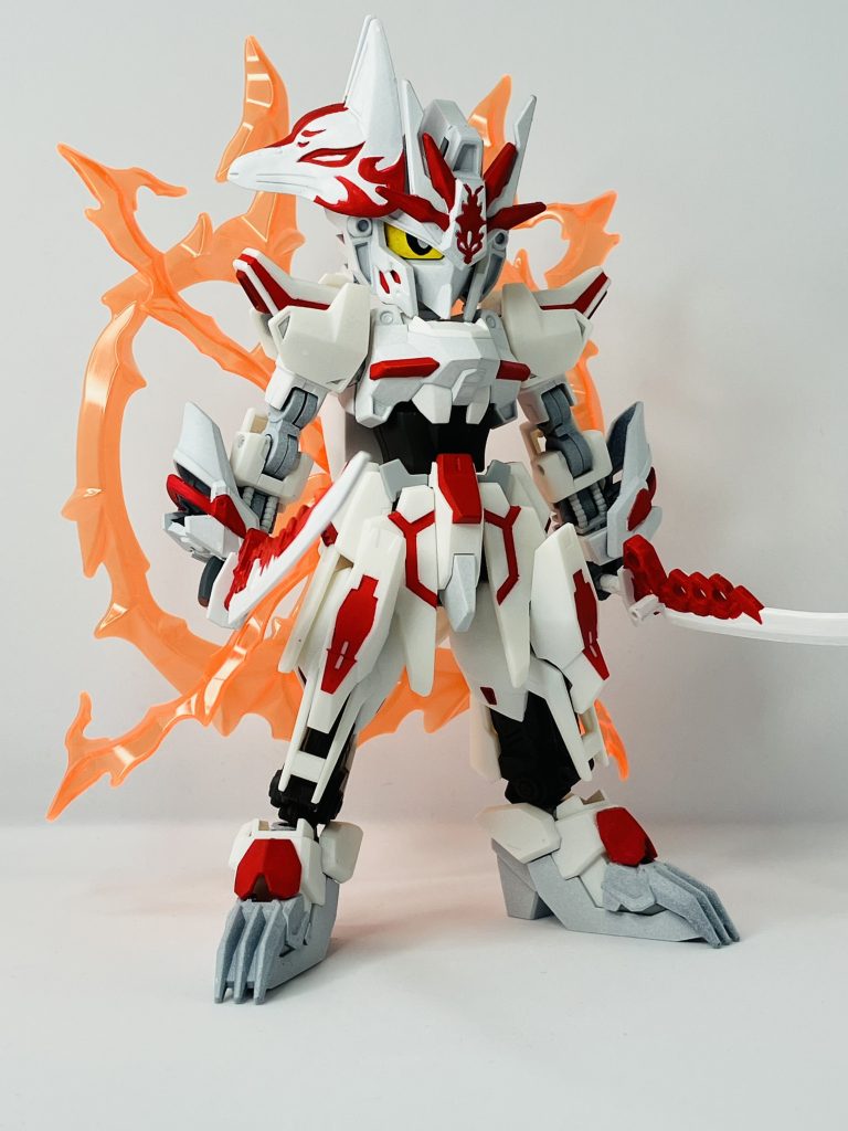 背部の炎エフェクトはカミキバーニングのエフェクトを流用しています。片側３つほど炎がほとばしっているものでしたが、ちょっとごてごてしすぎるかなと思い２つずつ使用しています。