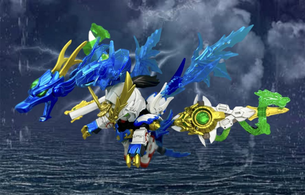 神獣・青龍形態同調の最終段階[神獣化]によって龍帝と蒼龍が一心同体となり、伝説の神獣•青龍となった形態。蒼龍の本来の姿でもあり、今まで使えなかった[雨や風を呼び、天候を自在に操る能力]も復活する。背景が合成になってますが、最後なので少し派手にしたいという目的と…悪目立ちするスタンドを消す為と、横に長過ぎて撮影ブースを余裕ではみ出してしまい残念な背景になったのを修正する、という目的もありますw