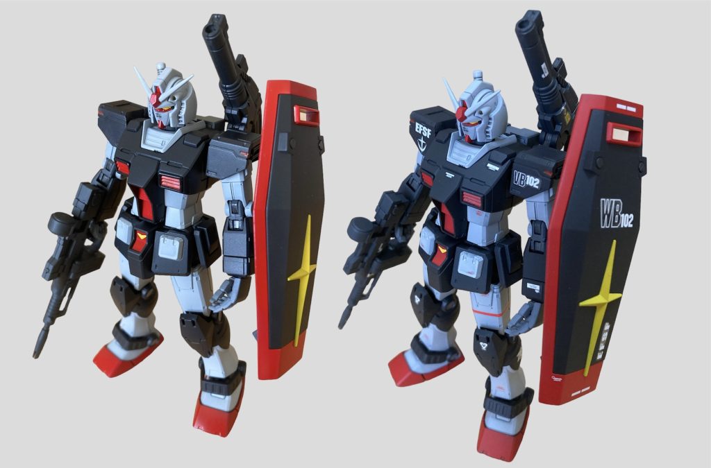 こちらはデカール貼りのビフォーアフター。今回はたくさんデカールを貼りました。プロトタイプとは言いつつほぼカラーリングとアンクルガードがそれになっているだけです。前腕と腰のホルスターはあまり好きではないので再現しませんでした。ちなみに本などでは太腿のラインデカールは右脚側なんですね…知らなかった…