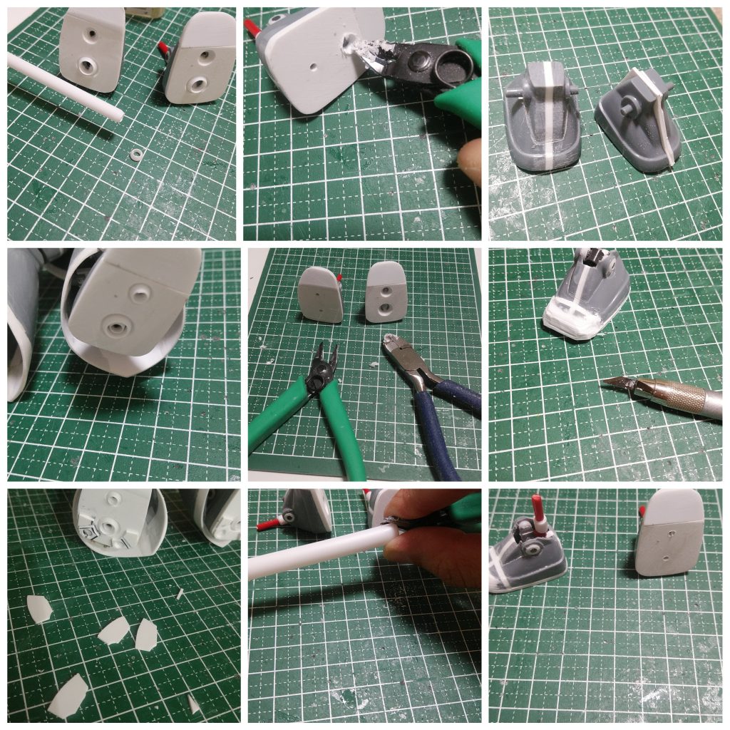 足首の加工状況✨足裏に、穴開けてニッパーでぐりぐりしてすり鉢状に加工中。そこにプラパイプをニッパーで鉛筆とぎしたものを貼り付けてスラスターに☀道具を大事にしなさいと叱られそうですが、うちはこれでやらせてもらってます😺