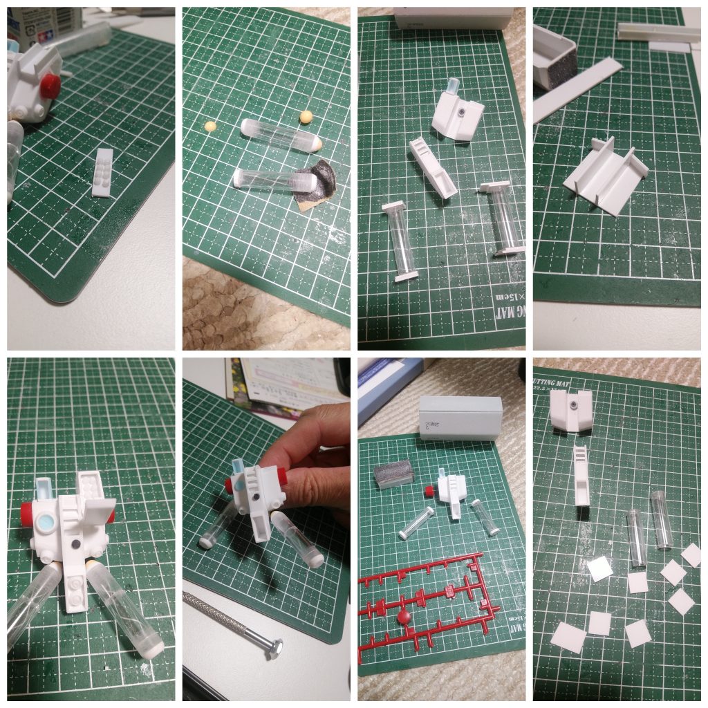 バックパック製作中✨プロペラントタンクはプラパイプにプラ板とBB弾を貼り付けてニッパーで鉛筆とぎして製作してます☆ミサイル発射口は1mmの真鍮棒でヒンジにしてます🐥