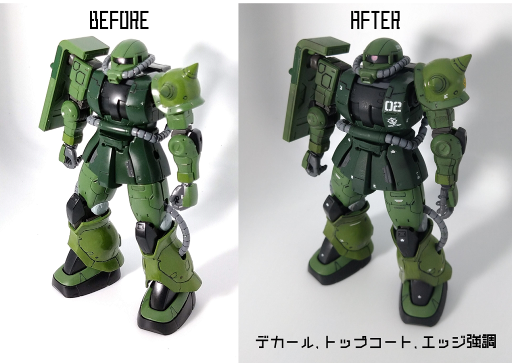 ここから制作過程。左が部分塗装と墨入れ直後。右はそこにデカールとトップコート入れてエッジ強調させた後。トップコートはやはり助かります。