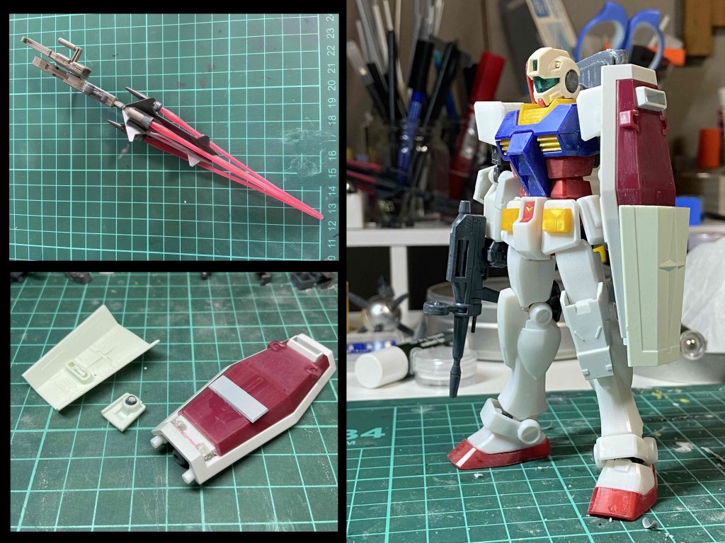 余っていたEGガンダムを軸に、余っていたパーツをたくさんつけて作りました。サクッと作ろうとして工程をいつもと変えたところ、かえって時間がかかってしまいました。また、武器も制作中のライブ感で増やしたり変えたりしてます。