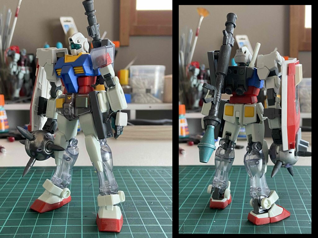 組んだ状態。このころは腰パーツ破損前だったのですが、塗装したら再起不能になり…。前回のジムコマンドと合わせて、EGガンダムのジャンクを供養するために作ったものになります。一応形になったのでよかったよかった。ここまでご覧いただきありがとうございます!