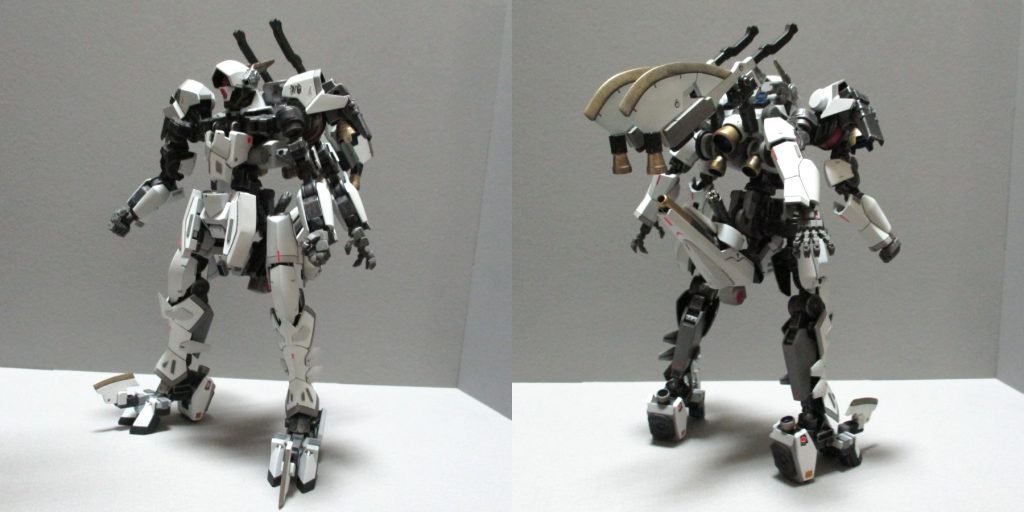 グレイズアインを芯にして、グレイズ系キットを混ぜ混ぜして作りました。悪役機ってことで最初は暗色系で塗ろうと思っていたのですが、あえて白基調にして悪っぽさより不気味さを出せないかなと挑戦してみました。
