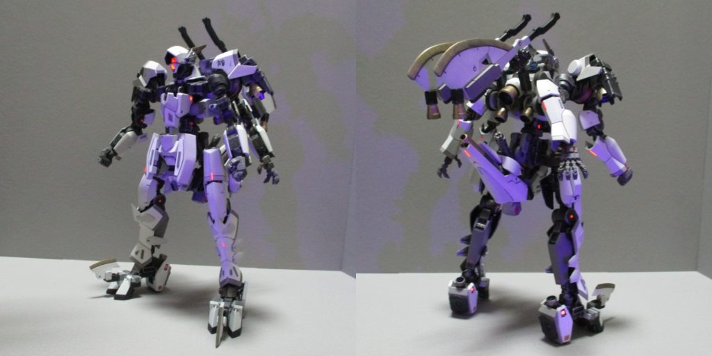 カメラ部やフレーム、装甲のへこみを蛍光レッドをで塗装したので、ブラックライトで光ります。水性塗料+マジックリンふき取りの実験もかねてやってみましたが、これいいですね。ちゃんと拭き取れる周辺形状であることが条件ですが、はみだしを気にせず気楽に部分塗装できます。(ついでに筆の洗浄がめっちゃ楽)