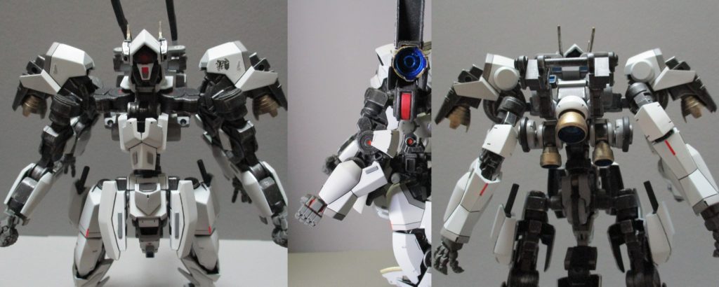 上半身3面。装甲もなるべくグレイズ系で作りました。頭部:カバーはアインの膝アーマー。アンテナはMSGから胸部:グレイズの腿アーマーとフロントスカート、改の肩アーマーだったかな腰部:ゲイレールの腿、グレイズの腿、足首、腕などフロントスカート:ゲイレールの斧腕部:フレームがグレイズの脚なのでアーマーもそのまま肩部:MSGのブースター+グレイズの腿バックパック:グレイズ改から。脇腹から伸びてる下2つのスラスターはシュヴァルベのバインダー