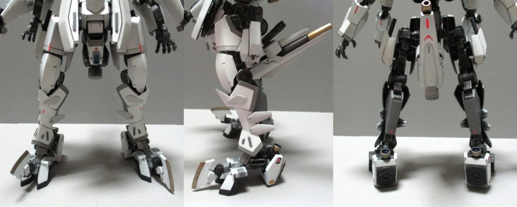 下半身3面。脚部:ほぼグレイズアインのまま。膝のとんがった部分はレギンレイズの装甲のどっかから切り取ってきたはず。脛についてる羽っぽいのはグレイズアインの脚の指。足首:MSGのジョイントを芯にしたスクラッチだけど、フレームにくっついてる前面のアーマーは確かグレイズの肘つま先:グレイズのつま先(2機分)。つま先についてる可動式ブレードはグレイズの斧踵:シュヴァルベの肩+地上用グレイズ足の裏側。尻:後ろに伸びてる砲身はメガライドランチャーで、装甲の一部にゲイレールの肩を使用。自分でもどこから持ってきたのか思い出せない部品も多い…