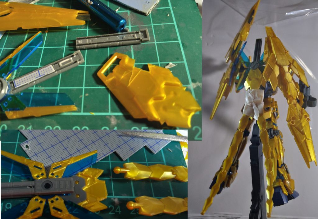 素組みしてみると、余剰パーツ(何気に初めて遭遇)でユニコーンの盾が二枚も作れてしまったので、せっかくなんで、その盾を使って背中に3枚目のアームドアーマー風のナニかを作る。ついでに左右に広がって邪魔そうな尻尾のスタビライザーを、中心の盾にまとめてスッキリ設置出来ないかとちまちまイジる。