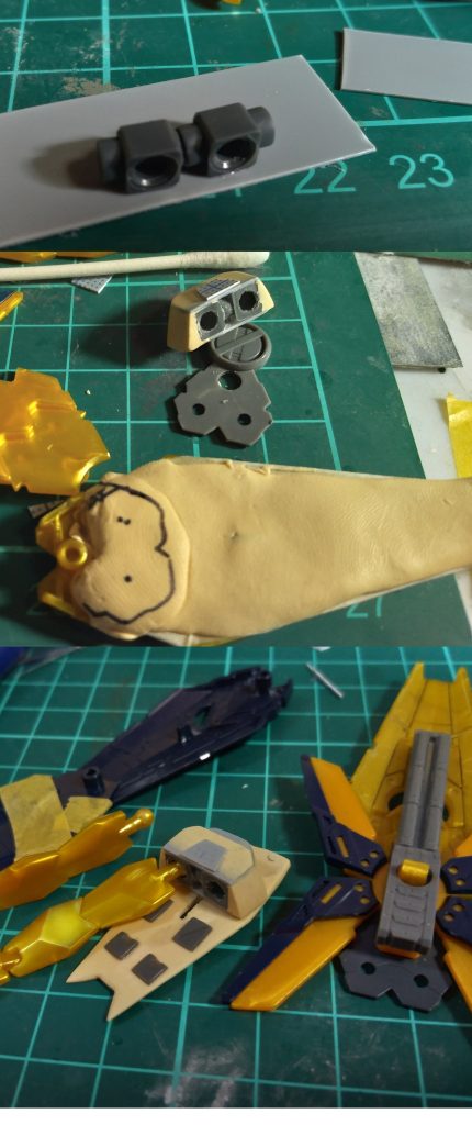 スタビ尻尾の接続に、使わなそうなポリキャップをプラ板とエポパテで埋めて、盾裏にワセリンを塗って型を取りそれっぽく成形した土台に載せました。しょっぱい作りだけど盾裏だしへーきへーき!