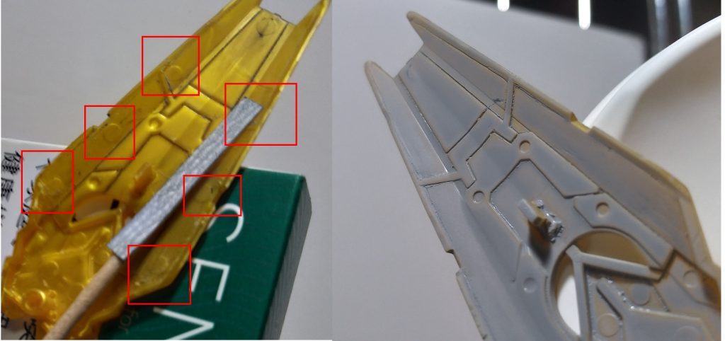 そいでもってその盾裏をよく見てみると、謎の〇突起軍団が。調べてみると既存モールドではなくてプラ成形の時に出来ちゃう突起らしかったので、つまようじの先っちょにヤスリ貼り付けて、ちまちま削るという地味にメンタルが削られる作業。昔のプラモデル作ってる人からしたら軟弱と思われるかもしれないのですが、僕は最近始めたまさに軟弱モノなんでバンダイさんに期待する。いつかこの手のプラ突起の処理を人類から根絶してくれる日が来る事を…!そんなこんなで傷確認にサフってみると、掘り直しやヤスリゴミでえぐい感じのパテごみが発生する事が判明したので今回はちゃんとパーツ洗浄をする事を決意したのであった。ユニコーンってRGの写真見ても、細かいパーツ区切りが多いのでそこまでスジボリも入れるところが無かったので、今回は最低限のスジボリだけして、塗装。