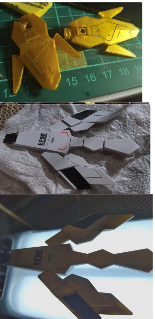 フェネクスのパーツって、成形色がドギツイ黄色なんで、まさかと思ったんですけど、裏から高ワットのライト照らすと黒い部分以外は、中の黄色がバチクソ透けますね。裏地に黒塗れば透けなさそうなんですけど、ここは裏も見えるんでそれは出来ず。白塗装の下地に黒とか黒サフでも光の隠蔽効果ってあるんですかね? 結局透けるのかな。謎い!今後の為に調べようとするも、こんな露骨にまっ黄色な機体もそうそう作る機会が無さそうなんで、まぁいっか! そんなこんなで塗装終了。素組&モールド掘り直し、微改造で二週間、塗装で二週間、合計一か月ちょいって感じでした。