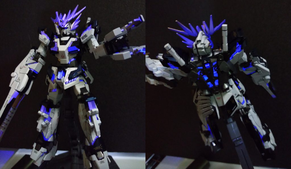 サイコフレームのビカー。金色に蛍光クリア(無色)ってどうなるかわからなかったんですけど、そのままブルー発光になりましたね。500円で買った3Wブラックライトだと、全体照らし辛すぎるので、さすがにもうちょっといいモン欲しイ…!