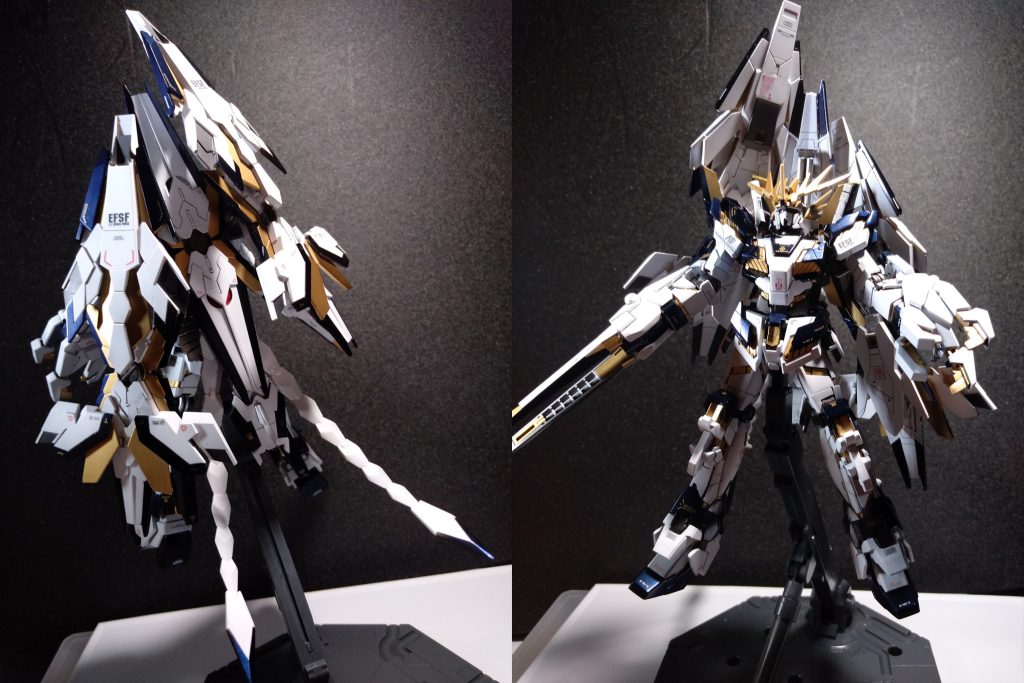 羽は左右取付位置を、1段階だけずらせますね。RGだともっと動かせるんですかねー。 反省点 3枚目のアームドアーマーが干渉してしまうポイントで塗装ちょこっとだけ剥がれました。いじくるなら、干渉しないようにちゃんと見ないとダメですね。 尻尾のスタビライザーがふにゃふにゃすぎてイライラしたので、接着剤で固定しました。瞬間接着剤ならヘーキヘーキ!と思ってたら、瞬着でもしっかり塗装溶かすぞ!!(知らんかった) あと固定したせいで、固定箇所にテンションかかりまくって、3回くらい折りました。 クリア塗装は乾燥ちゃんとしてからデカール貼るのだ…。めっちゃノリが残ったのだ…! まとめて次回に生かすのだ…!
