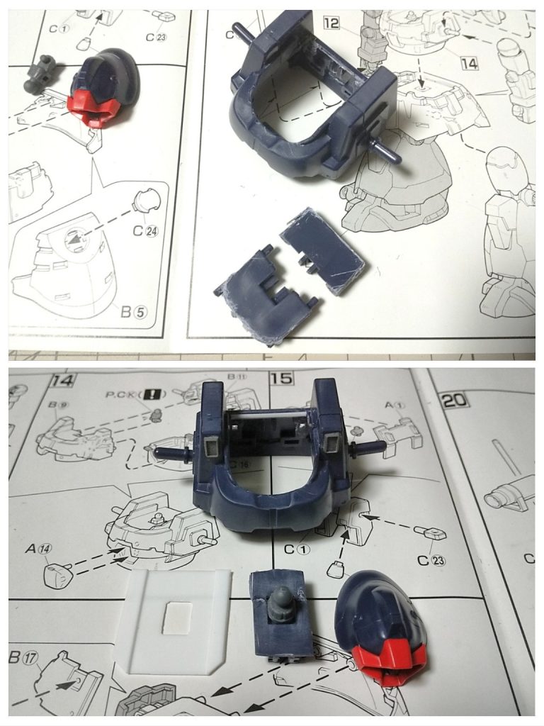 そしてHGドム系の定番、首埋め。ボディの天板をゴリゴリカットして、一段低い位置にプラ板で作った新しい天板を。