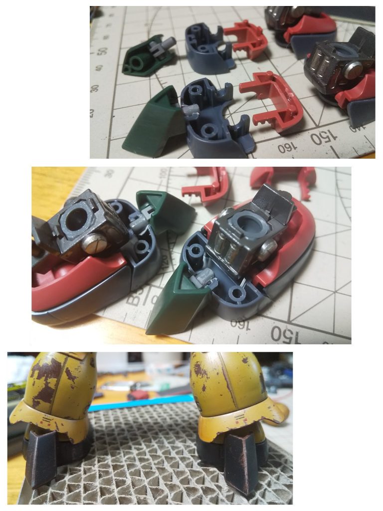 背中がかなり重くなるので、ザクの小さなスリッパでは到底踏ん張れず、ヒールを追加。レギンレイズ ジュリアの余剰パーツ。カクカクソリッドな形がラウンド形状のザクには似合わないとは思いながら、工作的な面で一番理想的な形をしていたので。脚の裾が干渉するので半分カット。これでもまだ少し当たる。