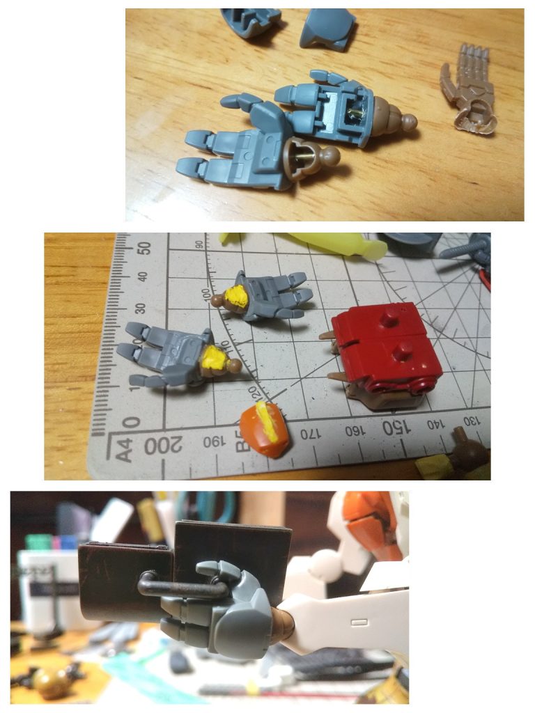 エルフ・ブルックの手首は通常よりジョイントボールの径が小さいので他の手を差し換え出来ず、手の形も手刀型で雰囲気が合わないので、デミトレーナー拡張パックの３本指とニコイチ合体。チョン切ってチョン切って真鍮線ブッ刺して瞬着してパテ詰めてイッチョアガリw