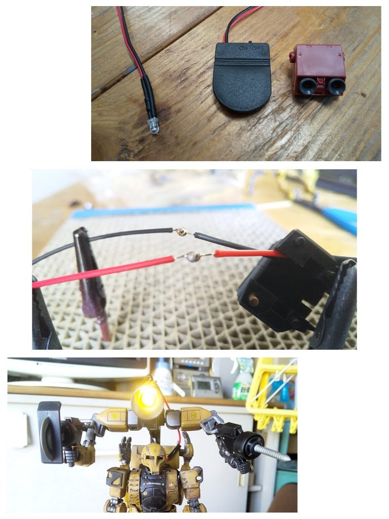 初挑戦の電飾。そもそも最初の着想段階では、背中からサブアーム１本だけ出して、頭の上に作業灯つけたら(見た目コミカルで)面白いんじゃね？とか思って始めたんですが…電池ボックスがHGに対してかなりデカく、それをだいたい隠せるものとなると当然まぁまぁのサイズが必要になり。エルフ・ブルックの薄いボディなら背負っても違和感無いかな、というところまでは良かったものの、気付いたら後ろにも上にも腕が生えてエライことにw配線は最初から “敢えて剥き出し” で見せるつもりでしたが、ハンダ付けの接合部を見えないランドセルの中に入れたかった。