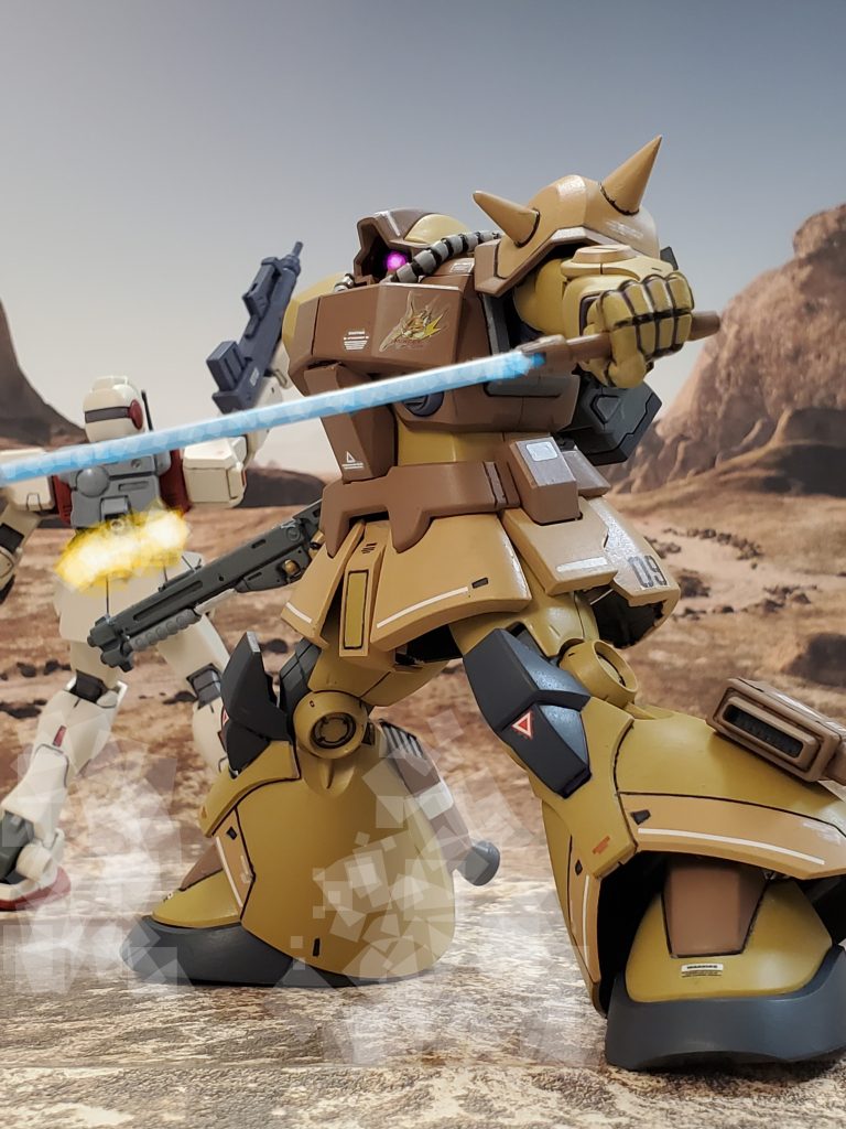 すり抜けざまにジムの懐にヒートサーベルで一閃✨真っ二つにされたジムは爆散～💥こうして、連邦軍前線キャンプ地を壊滅させたカラカル隊であった…😔✨