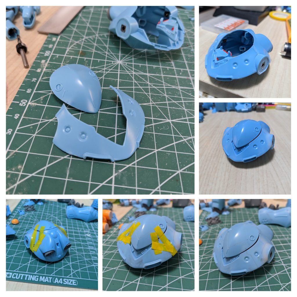 タガネで優しく×2削って頭をくり抜き！UVジェルで合わせ目消しを行いました。捨てサフで確認し、細かいところは瞬間接着剤で補修。