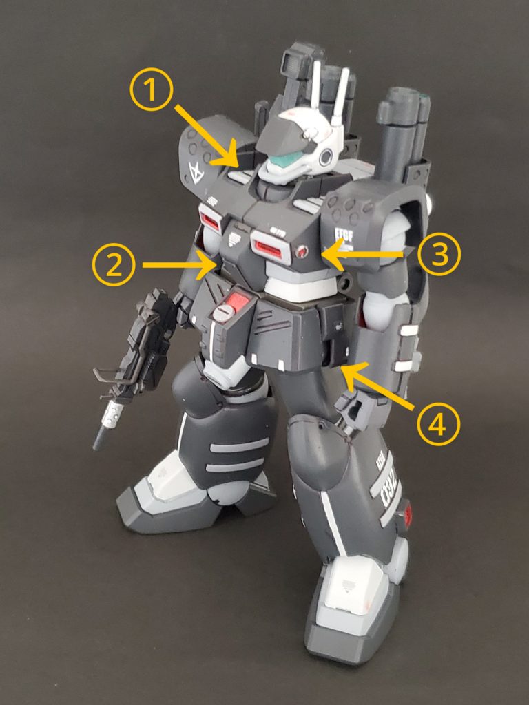 今回は初めて入手したキット、量産型ガンキャノンを製作しました~😊✨リド・ウォルフ中尉の乗機という事で黒いガンキャノンです🏴☠️公式画像に私の好みを混ぜ合わせ妄想カラーリングで塗装しております🙇✨初キットですが、仮組みしてみると全体的におおざっぱで寂しい感じがしたので、少々ディテールアップ?して仕上げました🎵いつも通り基本的には筆🖌️塗り全塗装✨艶消しトップコートで完成させてます😆🎶~今回の改修ポイント~①肩キャノン砲を格納すると肩部分がサッパリしすぎていたのでモールドパーツを組み込み雰囲気アップしてみました~👍️②お腹のコクピット部分に0.3㎜プラ板を貼りつけディテール追加🎶③胸排気ダクト脇に小さい丸バーニアを付け足し❗④ガンキャノン特有の腰フロントアーマーについている装甲を今回もカット✂️足のアクション時に干渉しないように処理しました~😊🎶※見えない改修ポイントとしてアゴを少し削り、僅かですが顎が引けるように調整してます😊