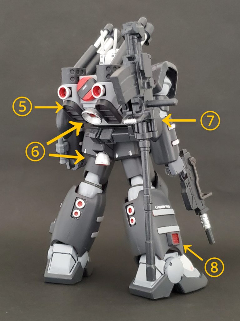 Lia view~🎶⑤240㎜キャノン砲の排気ダクト内部?がなんの形状もなく寂しかったのでウェーブさんのバーニアパーツをカット✂️して埋めてみました🎵初の試みでしたが、雰囲気も出せて上手くいったかと思います😌✨⑥背面中央ラインにバーニアを2基増設🎶バックパックに取り付けたバーニアの中には小さいバーニアを加えて、カッコ良さをさらにアップさせたつもりです😅⑦今回の改修で一番の目玉❕180㎜キャノン砲の追加装備です👍フレキシブルアームと連結させマウントと自由な取り回しを実現させています🎶このキャノン砲はジャンクのEZ-SRから拝領しました😎✨⑧足首🦶付近にささやかですがサイドスラスターを付け足しております✨※見えない改修ポイントとして足🦶裏のバーニア口にも小さなバーニアを付け足しております😎✨