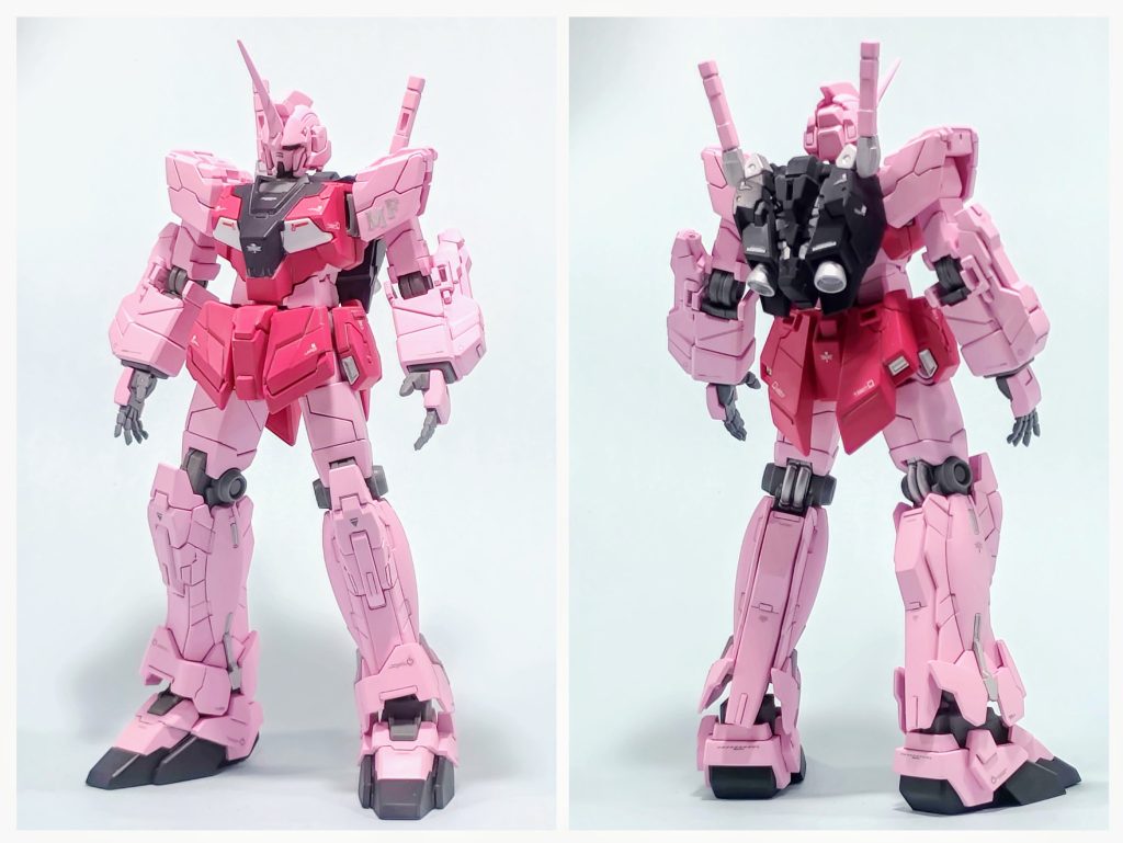 ユニコーンガンダムのストレート組みに、頭部とサーベルラックのみデストロイモードより流用、頭部のアンテナをツノに変更し、空いた隙間はパテ埋めしてます。多少、プラ板やスジ彫りで、ディテールを追加しました。カラーリングは、SEEDデスティニーのザクウォーリアライブコンサートバージョンを参考にしました。(関節部分のグレーと胸部の白は、成型色仕上げです)