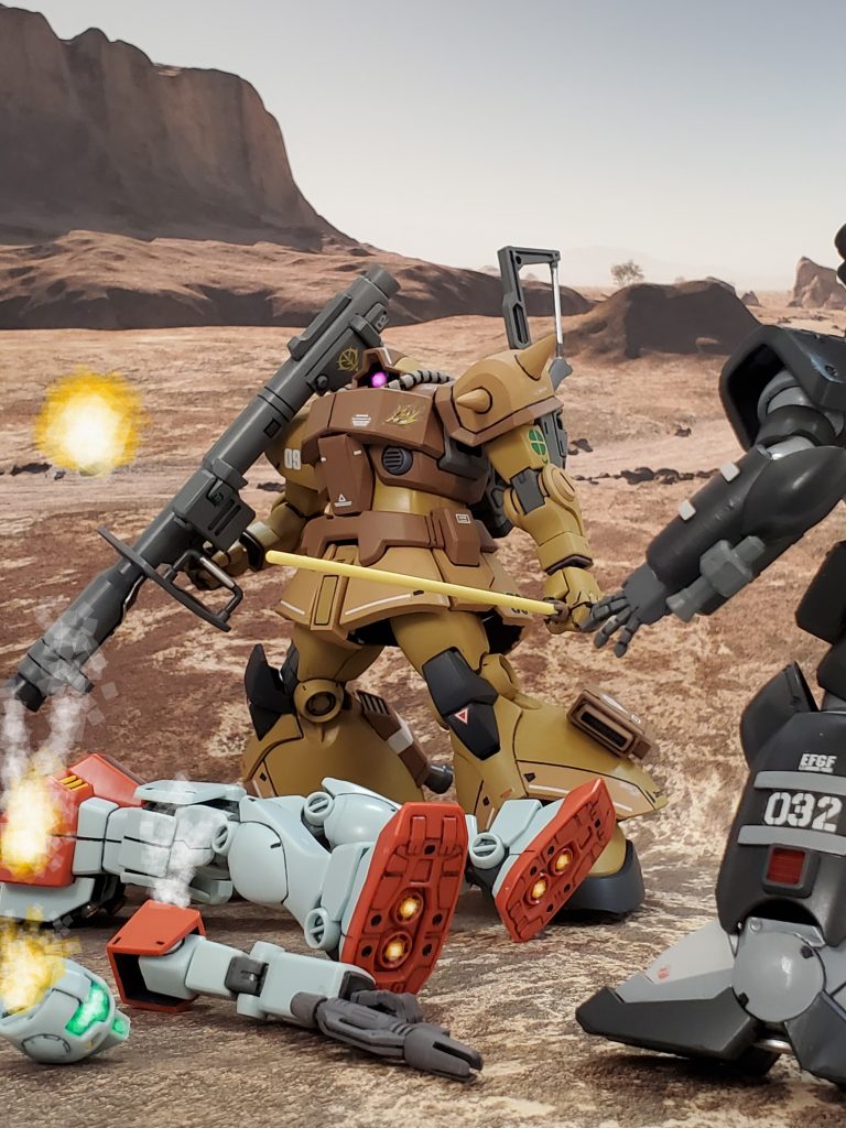 そして、戦闘空域の中心に到達したウォルフ中尉の前に次々とジムを撃破するジオンMSが姿を現す…💦そう❗その機体は紛れもなく、数週間前に所属部隊を壊滅させ、ビンス隊長を還らぬ人とした憎むべきドムの姿である😱💦一度は手も足も出ず敗北し、戦場で再び出会えば必ず倒すと心に誓った相手が今、眼前に現れたのである👀❗ウォルフ中尉は意を決してバーニアを吹かしドムに挑む~👊✨