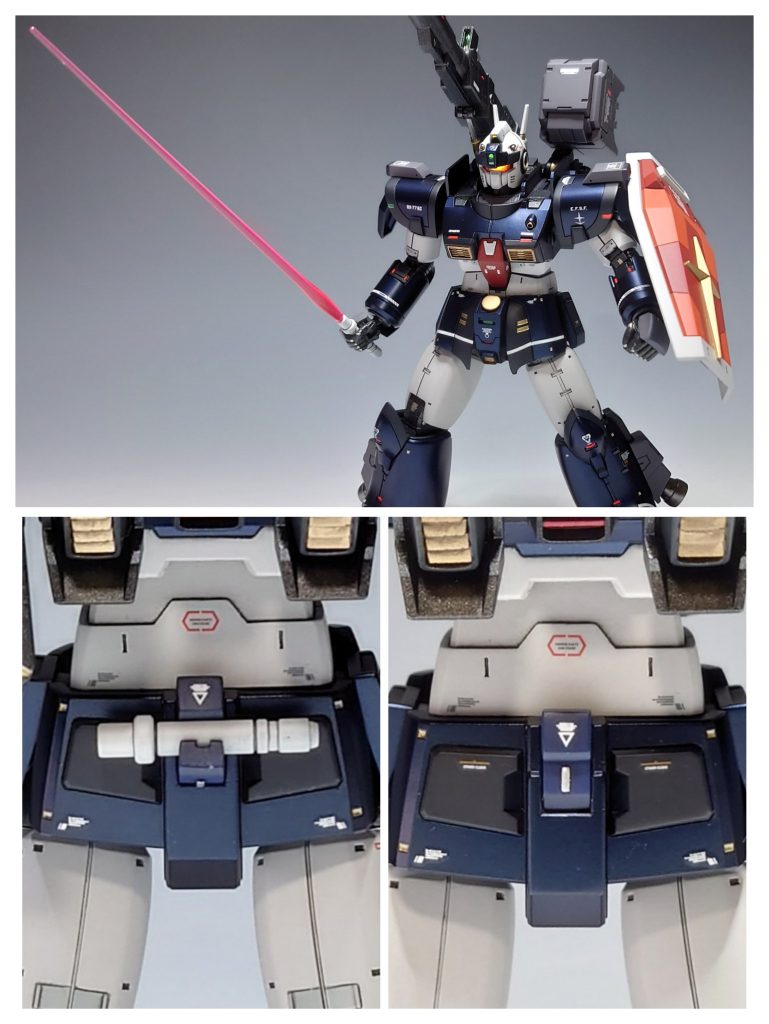 【ビームサーベル】[設定]  連邦軍標準のビームサーベル腰部に1本装備されている。[解説]  サーベルラックは開閉するようにフルスクラッチで製作しました。