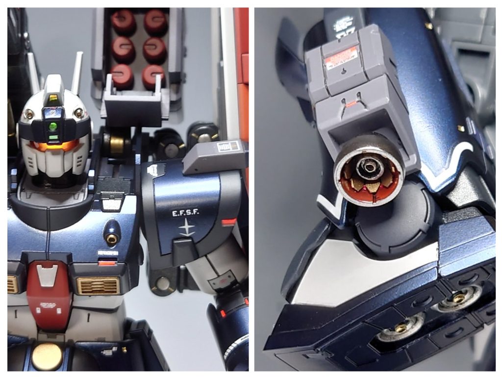 【こだわりポイント】[解説]  装甲の部分はひとつのパーツでも材質の違いを表現するために半光沢とつや消しで塗り分けしました。足サイドバーニア内部のディテールを製作して情報量をアップしました。(ゴールド部)