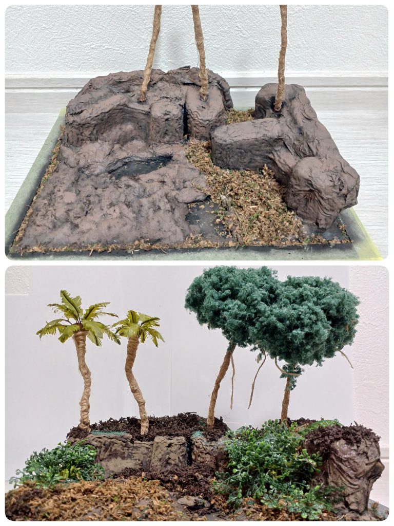 ダイソーさん　セリアさん　のもので　ジャングル岩っぽいのは扇風機の緩衝材です。