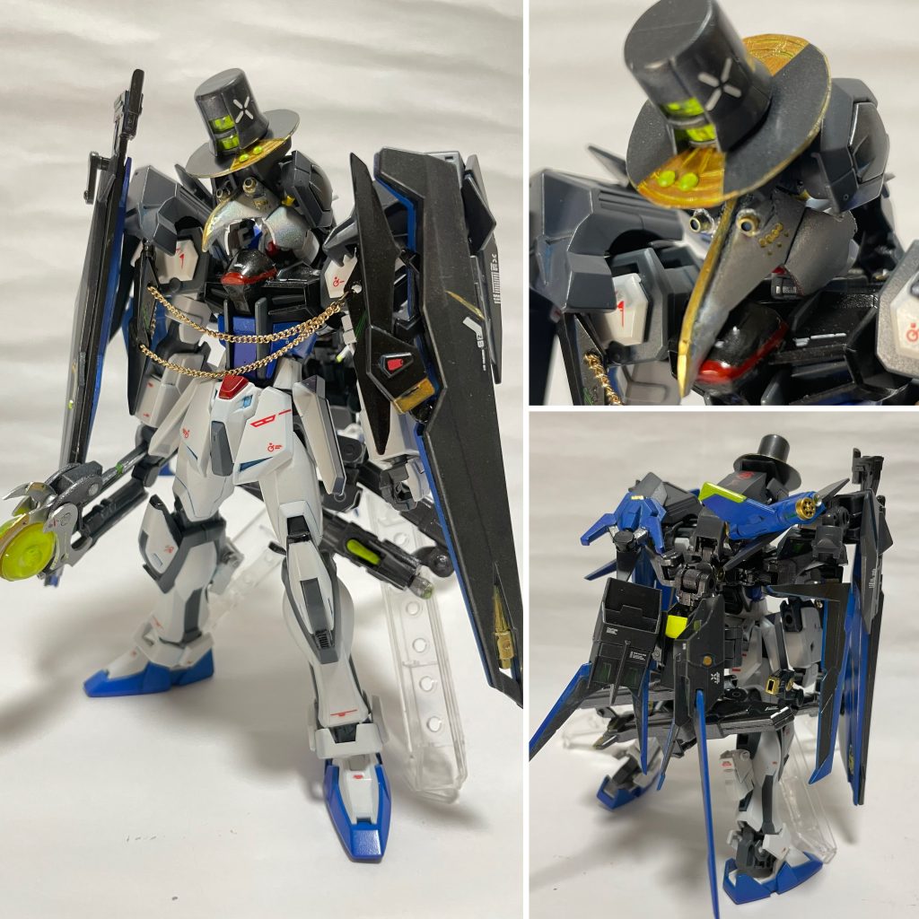 元々はイージスナイトの僚機という発想からスタートしていたのでワーロックストライクにしようと思ってました(SDのナイトストライク達と逆でオモロイかも…)が、しかしペストマスクを意識したフェイスに合う帽子がシルクハット風になってしまい、魔法使い感が薄れてしまって…じゃあ別な職業にということで語感も良いアルケミスト【錬金術師】にしましたペストマスクとシルクハットとマントを留めるチェーンがおしゃれポイント!